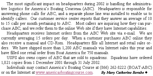 Text Box: The most significant impact on headquarters during 2002 is handling the administrative logistics for Americas Boating Coursesm (ABC).  Headquarters is responsible for answering phone calls for ABC, and a separate phone line was installed to enable us to identify callers.  Our customer service center reports that they answer an average of 10 to 15 calls per month pertaining to ABC.   Most callers are inquiring how they can purchase ABC, and we refer them to the online Web site if they have Internet capabilities.Headquarters receives Internet orders from the ABC Web site via e-mail.  We are currently averaging 15 orders per day.  When a customer purchases ABC online they also receive a manual and CD-Rom.  Headquarters fills all Internet and retail sales orders.  We have shipped more than 1,200 ABC manuals via Internet sales this year and have filled one retail order from Boat America for 750 manuals.USPS also owns copies of ABC that are sold to squadrons.  Squadrons have ordered 1,021 copies from 1 December 2001 through 31 July 2002.Individuals may contact Americas Boating Course at (866) 262-8222 (BOAT-ABC) or on the Internet at www.americasboatingcourse.com.       By Mary Catherine Berube l